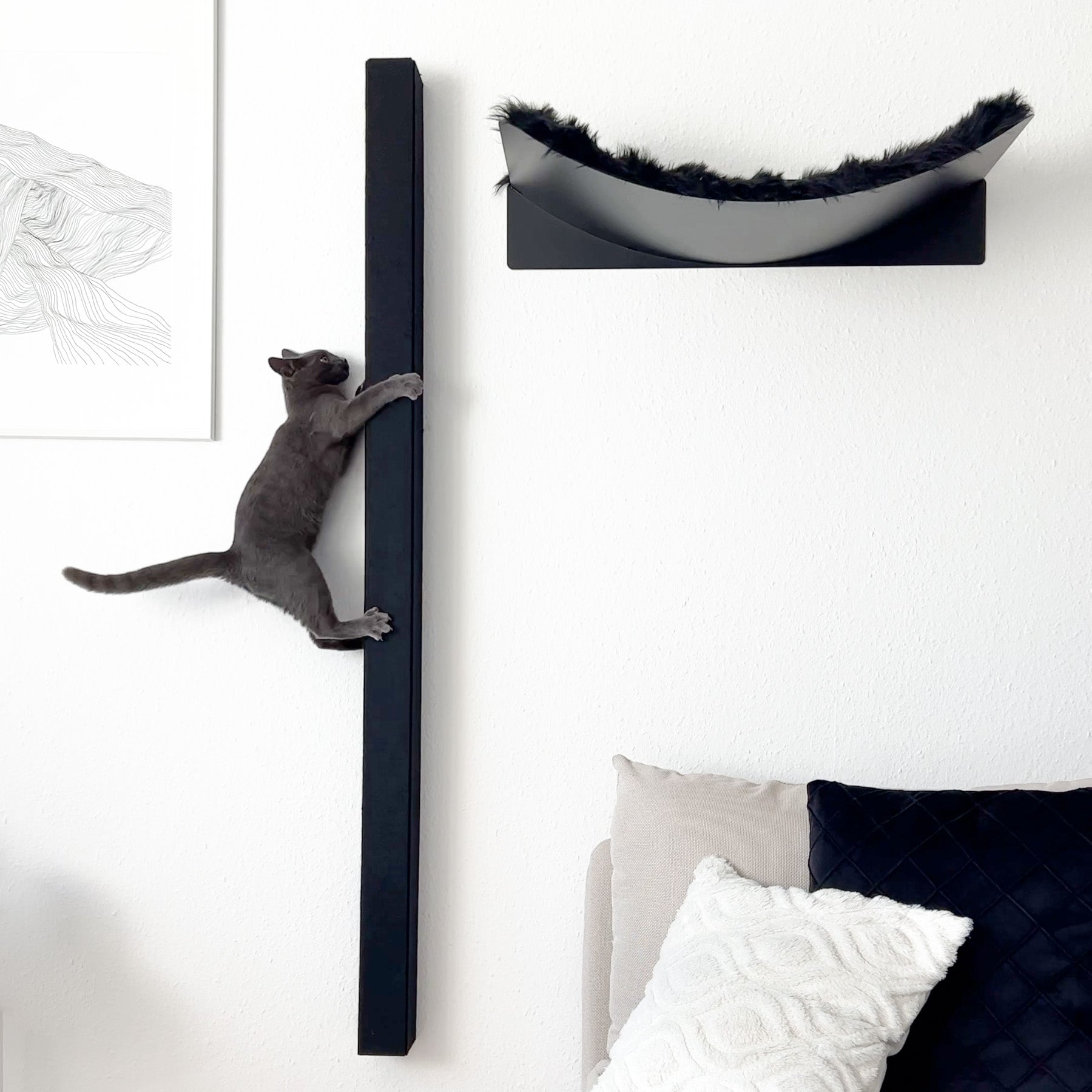 Design Katzen Kletterwand Hängematte + Wandstange KS 150, Widerstandsfähiger Filz, 150 cm, Katzenkletterwand